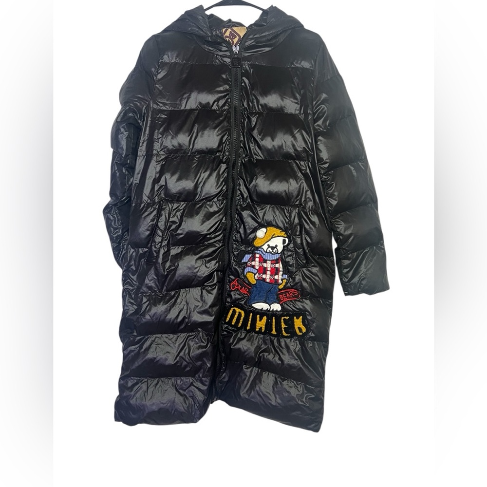 Black Puffer Coat with Bear Embroidery M